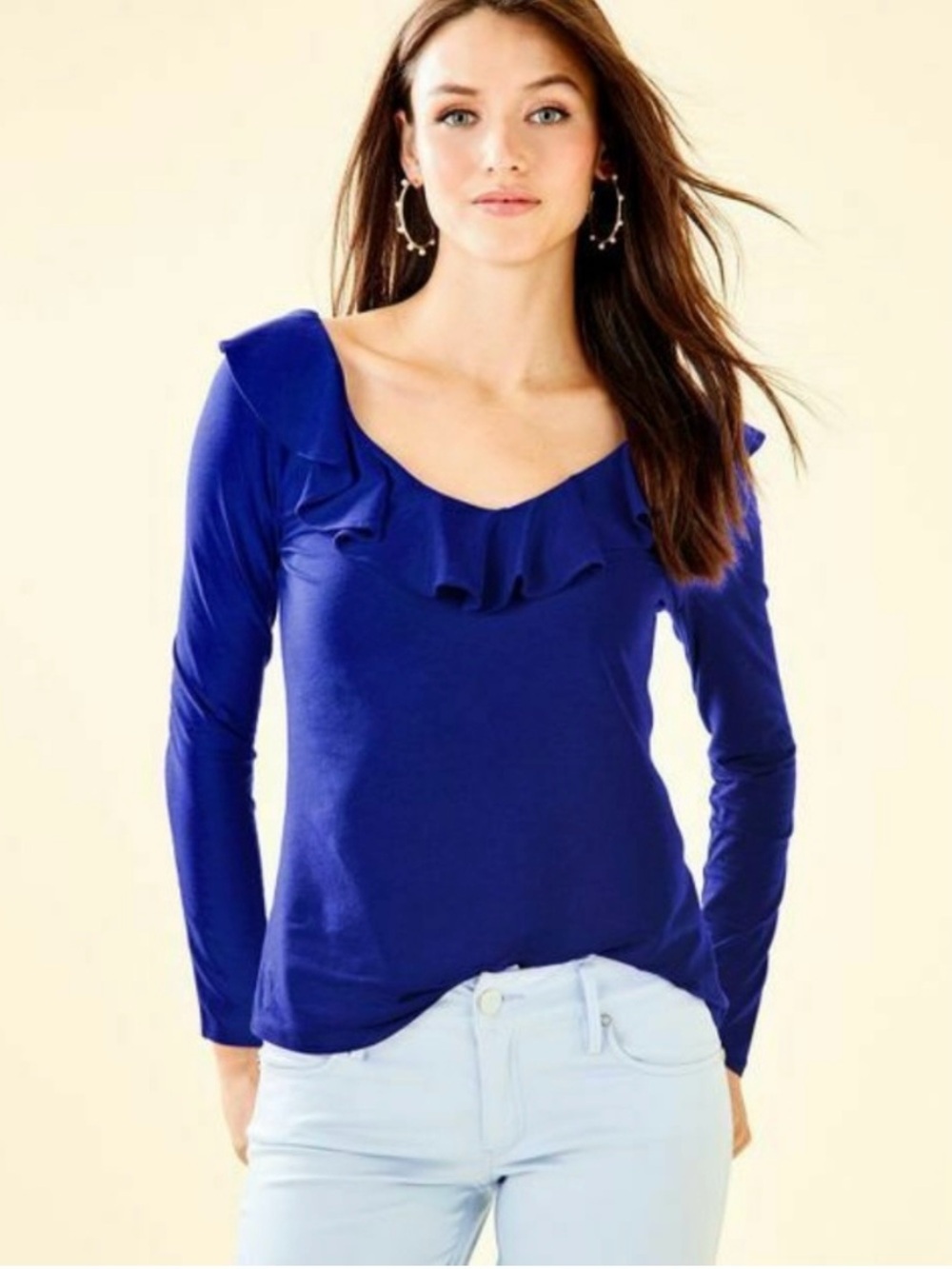 Lilly Pulitzer Womens Alessa Top Size S Long Sleeve Ruffle Neck Royal Blue